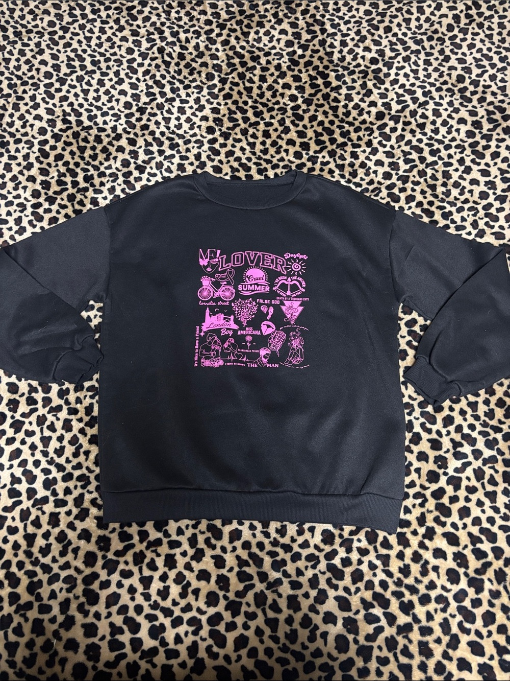 Black M Crewneck Sweatshirt with Pink Taylor Swift Inspired Graphic